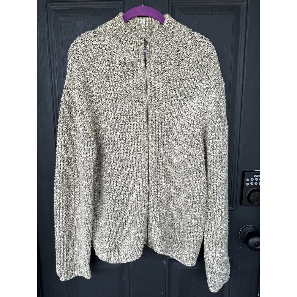 Woolrich Womens Jacket Large Beige Brown Full Zip Waffle Knit Heavyweight Cotton